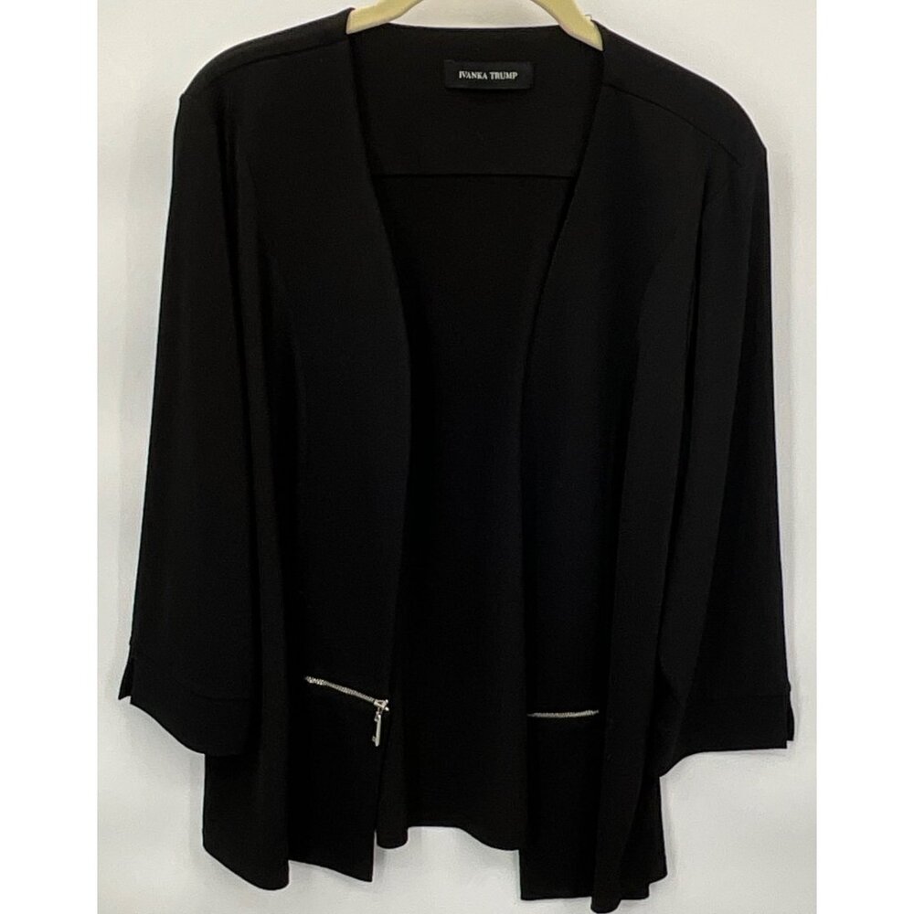 Ivanka‎ Trump Large Black Open-Front Cardigan Jacket Zipper Pockets